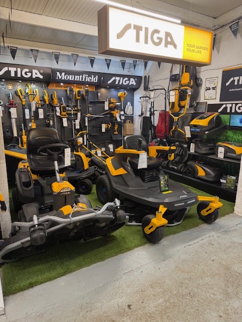 Stiga ride-on mowers and battery tools in the Cranworth showroom