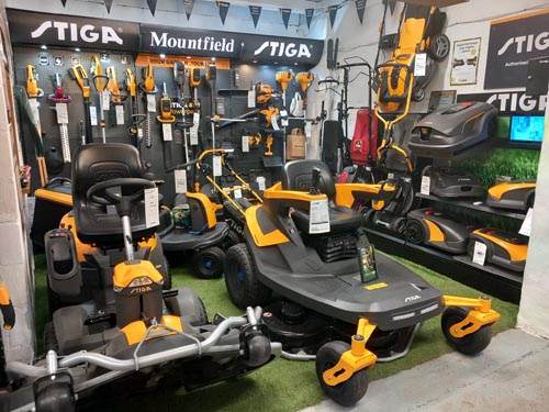 The showroom with Stiga and Mountfield ride-on mowers and garden tools
